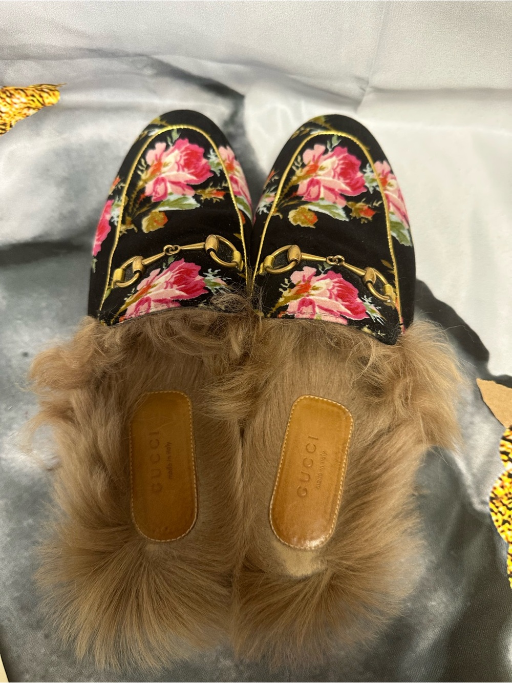 Gucci Black Floral Fur-Trim Mules with Gold Horsebit size 39